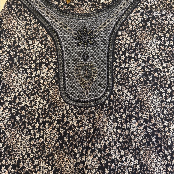 Boho Black Tan and White Midi Dress Beaded Accents - Picture 2 of 8